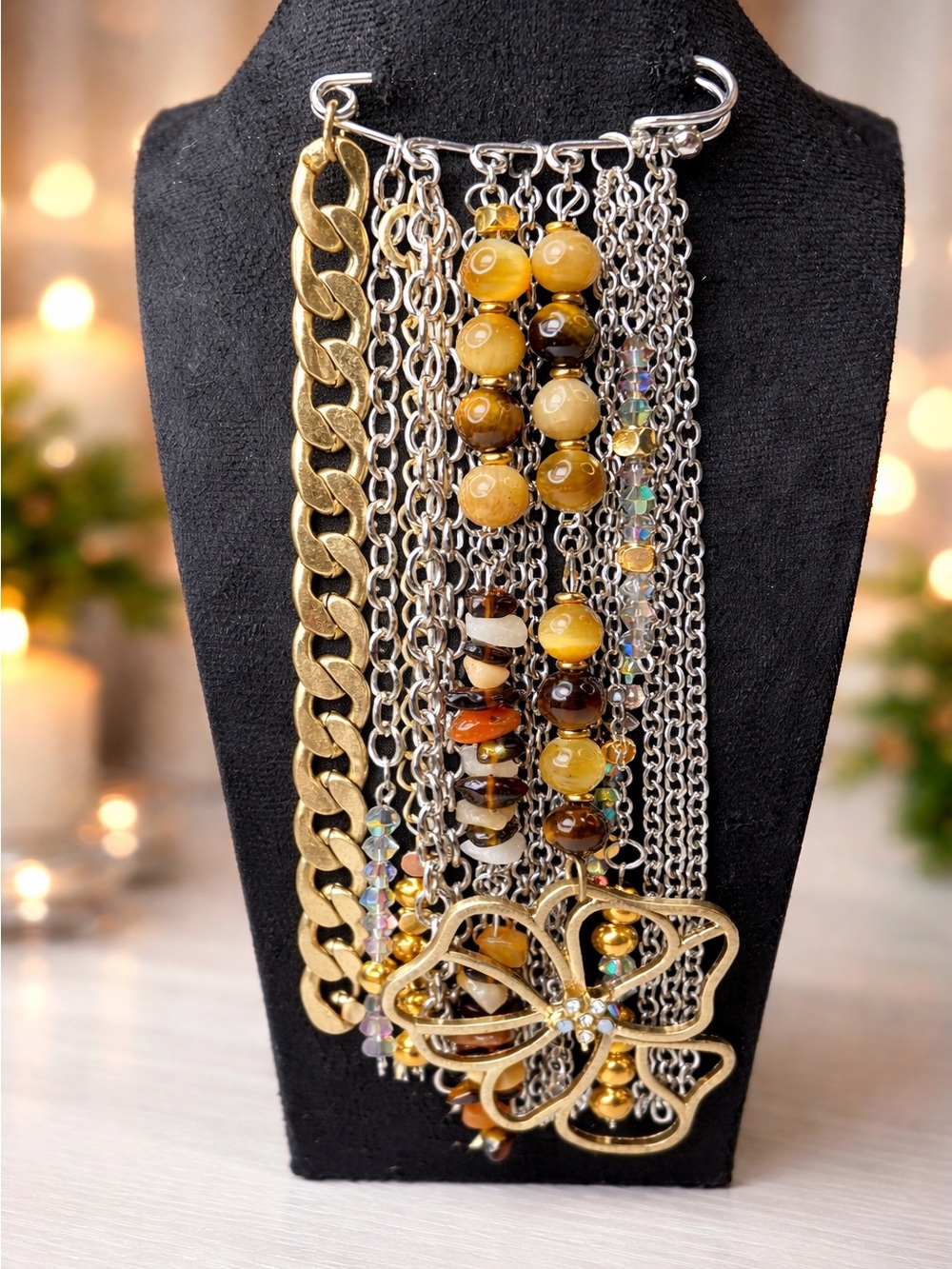Handmade Genuine Tiger Eye Statement Brooch Boho Chain Fringe Pin OOAK